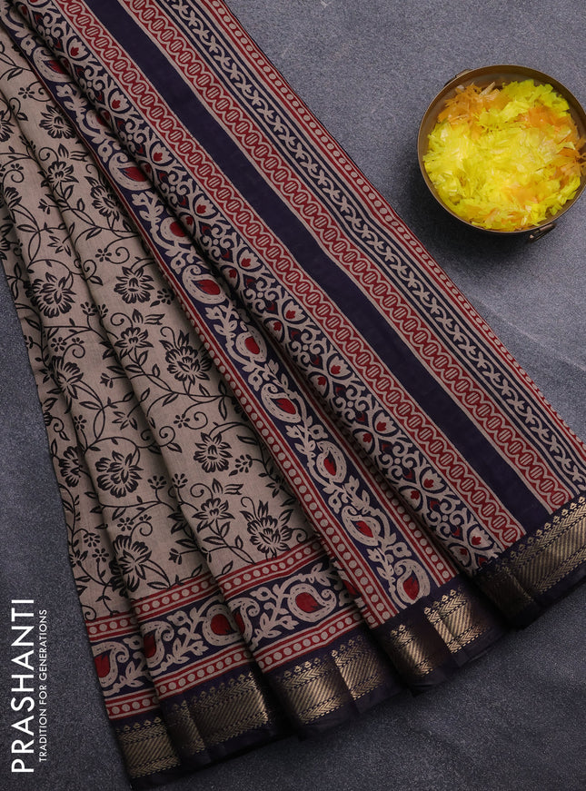 Semi maheswari cotton saree beige and navy blue with allover prints and zari woven border