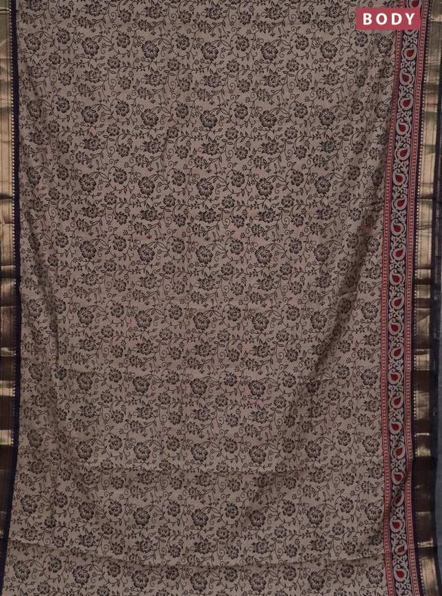 Semi maheswari cotton saree beige and navy blue with allover prints and zari woven border