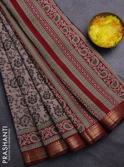 Semi maheswari cotton saree beige and maroon with allover prints and zari woven border