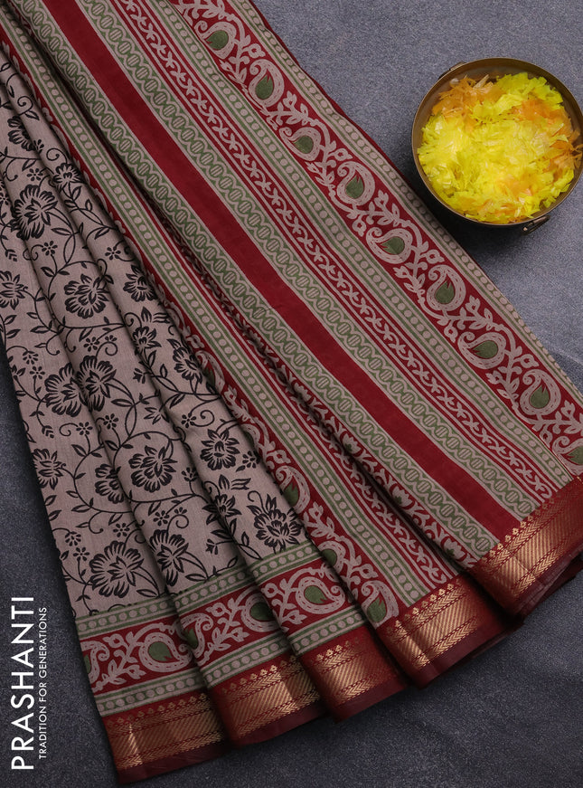 Semi maheswari cotton saree beige and maroon with allover prints and zari woven border