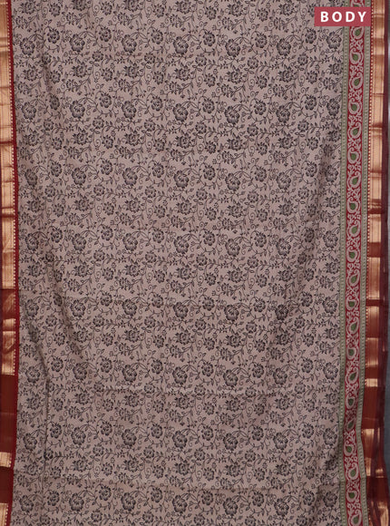Semi maheswari cotton saree beige and maroon with allover prints and zari woven border