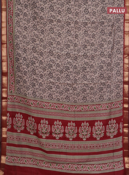 Semi maheswari cotton saree beige and maroon with allover prints and zari woven border