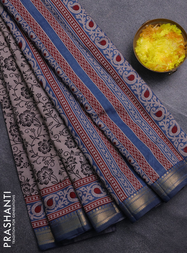Semi maheswari cotton saree beige and peacock blue with allover prints and zari woven border