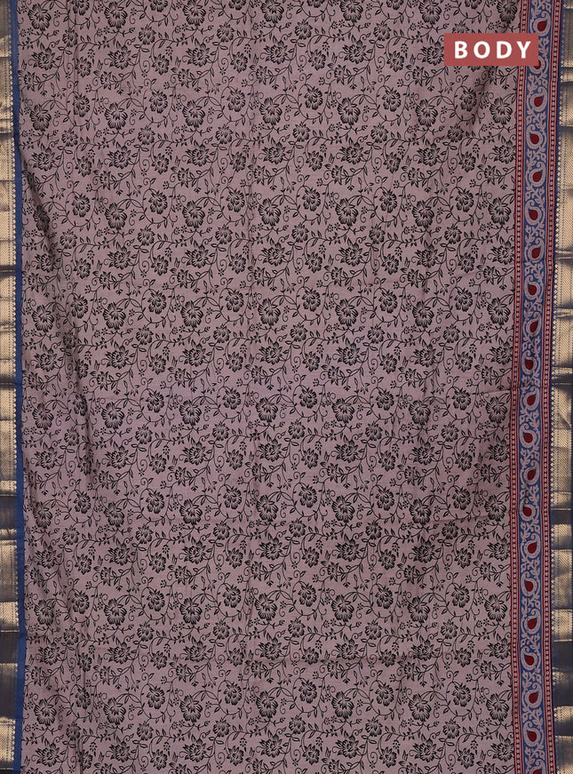 Semi maheswari cotton saree beige and peacock blue with allover prints and zari woven border