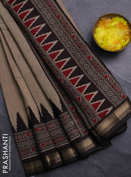 Semi maheswari cotton saree beige and coffee brown with plain body and zari woven border