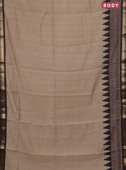 Semi maheswari cotton saree beige and coffee brown with plain body and zari woven border