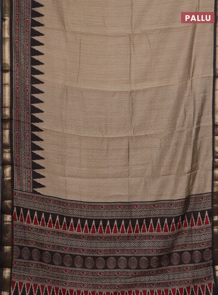 Semi maheswari cotton saree beige and coffee brown with plain body and zari woven border