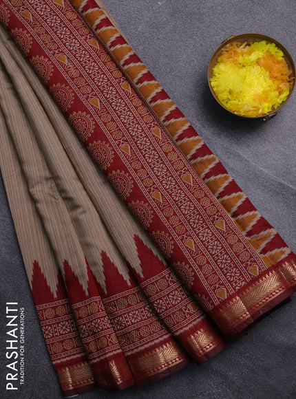 Semi maheswari cotton saree beige and maroon with plain body and zari woven border