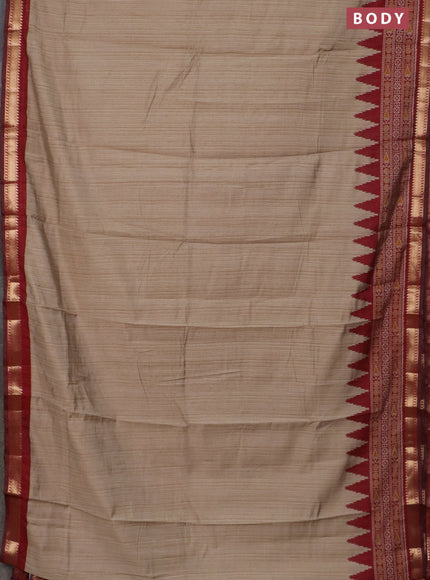 Semi maheswari cotton saree beige and maroon with plain body and zari woven border