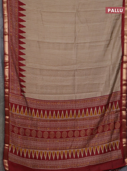 Semi maheswari cotton saree beige and maroon with plain body and zari woven border