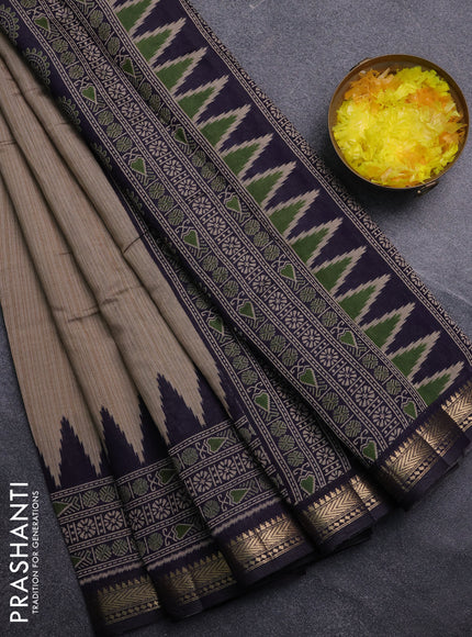 Semi maheswari cotton saree beige and navy blue with plain body and zari woven border