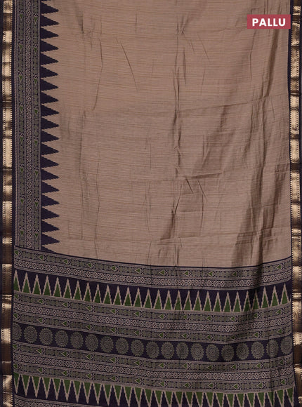 Semi maheswari cotton saree beige and navy blue with plain body and zari woven border