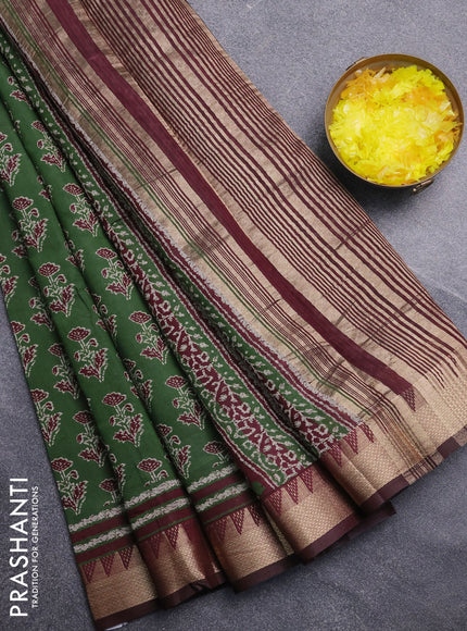 Semi maheswari cotton saree sap green and maroon with allover butta prints and zari woven border