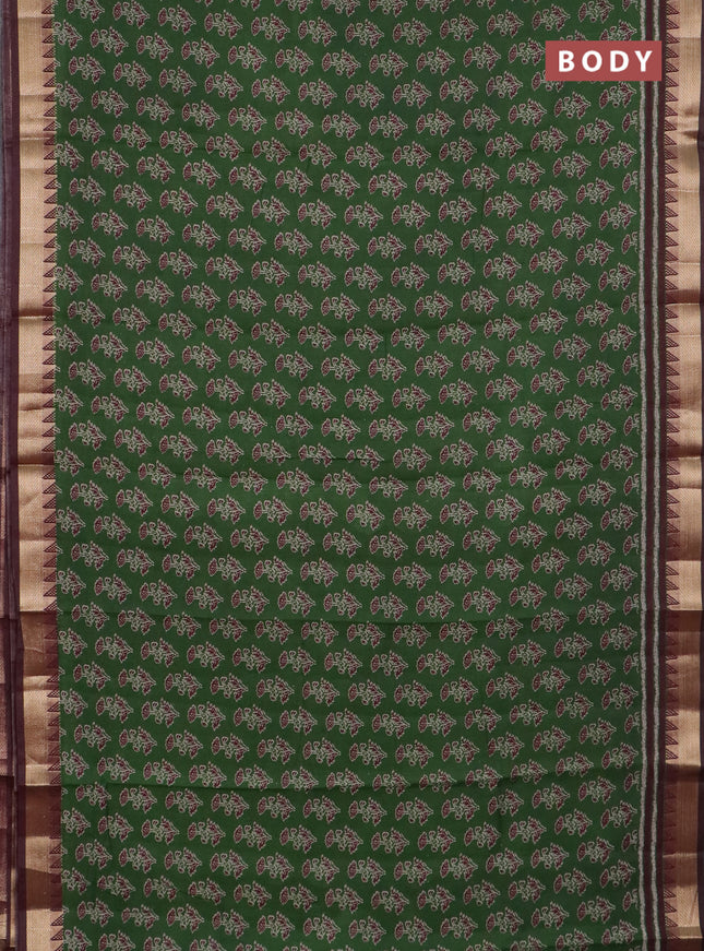Semi maheswari cotton saree sap green and maroon with allover butta prints and zari woven border