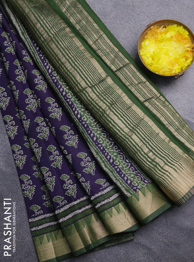 Semi maheswari cotton saree navy blue and green with allover butta prints and zari woven border