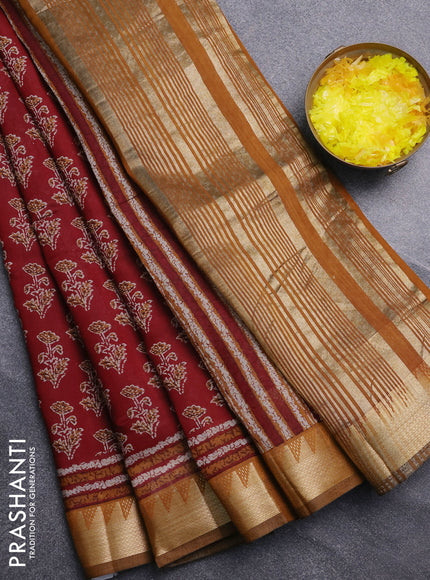 Semi maheswari cotton saree maroon and dark mustard with allover butta prints and zari woven border