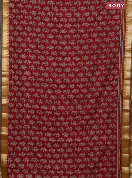 Semi maheswari cotton saree maroon and dark mustard with allover butta prints and zari woven border
