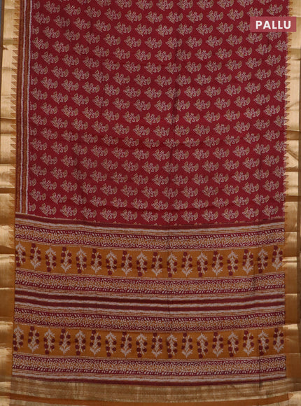 Semi maheswari cotton saree maroon and dark mustard with allover butta prints and zari woven border