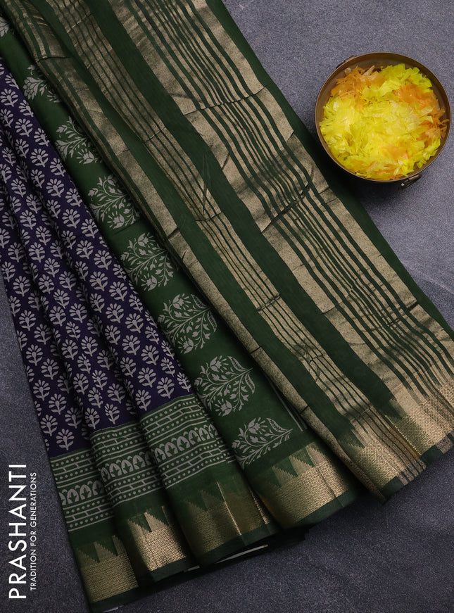 Semi maheswari cotton saree navy blue and sap green with allover butta prints and zari woven border