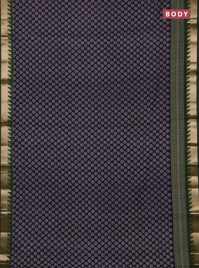 Semi maheswari cotton saree navy blue and sap green with allover butta prints and zari woven border