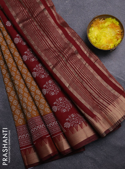 Semi maheswari cotton saree dark mustard and maroon with allover butta prints and zari woven border