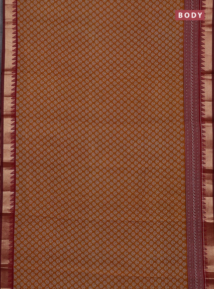 Semi maheswari cotton saree dark mustard and maroon with allover butta prints and zari woven border
