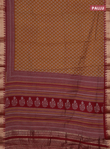 Semi maheswari cotton saree dark mustard and maroon with allover butta prints and zari woven border