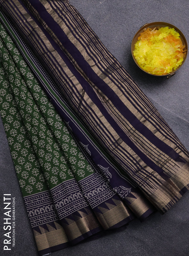 Semi maheswari cotton saree sap green and navy blue with allover butta prints and zari woven border