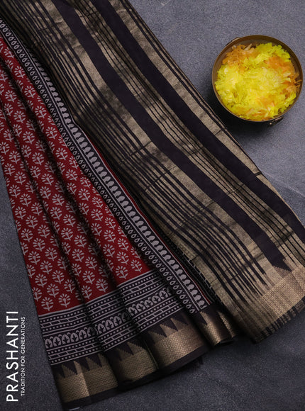 Semi maheswari cotton saree maroon and black with allover butta prints and zari woven border