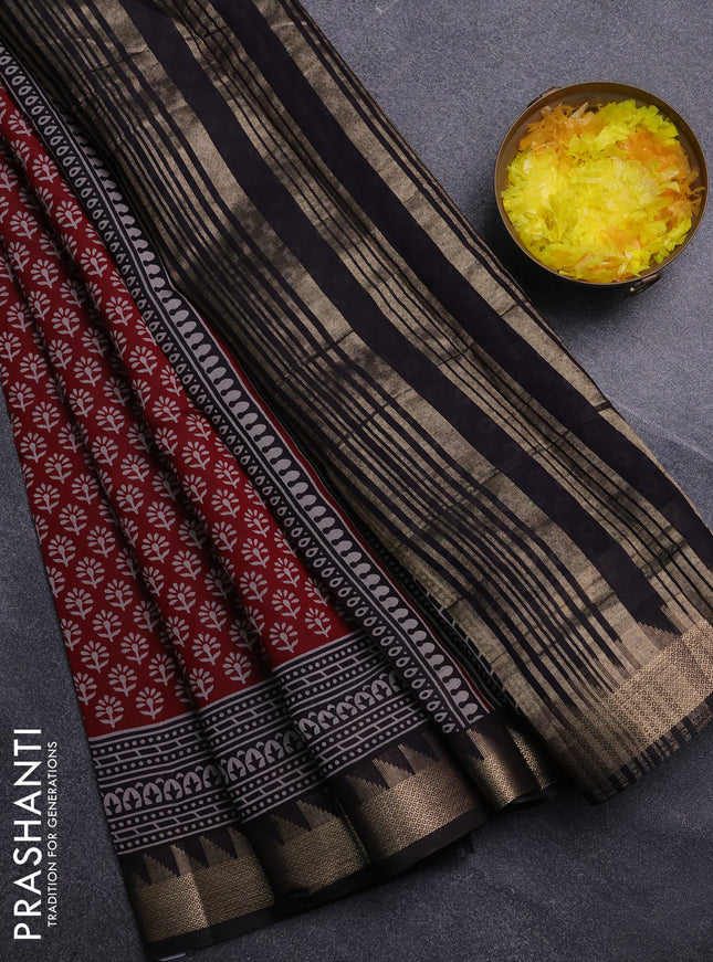 Semi maheswari cotton saree maroon and black with allover butta prints and zari woven border