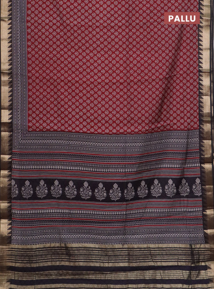Semi maheswari cotton saree maroon and black with allover butta prints and zari woven border