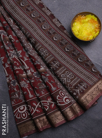 Semi maheswari cotton saree maroon and brown with allover kalamkari prints and zari woven border