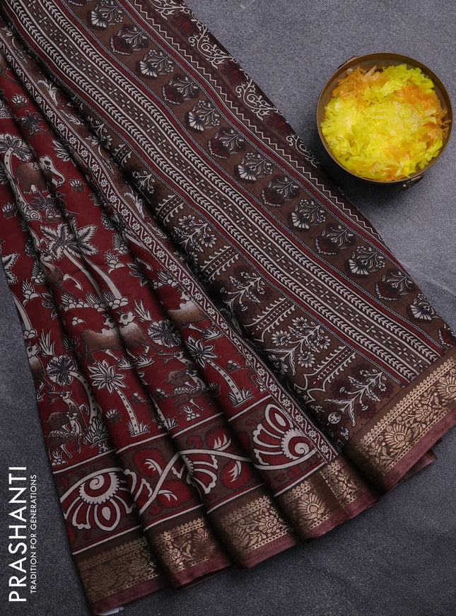 Semi maheswari cotton saree maroon and brown with allover kalamkari prints and zari woven border