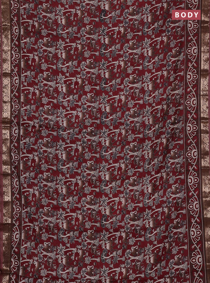 Semi maheswari cotton saree maroon and brown with allover kalamkari prints and zari woven border