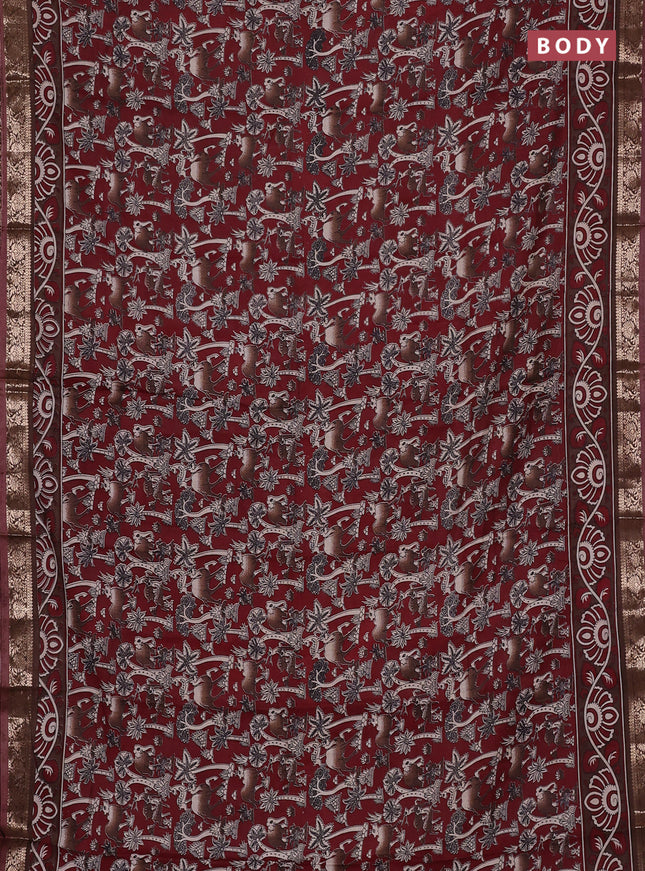 Semi maheswari cotton saree maroon and brown with allover kalamkari prints and zari woven border