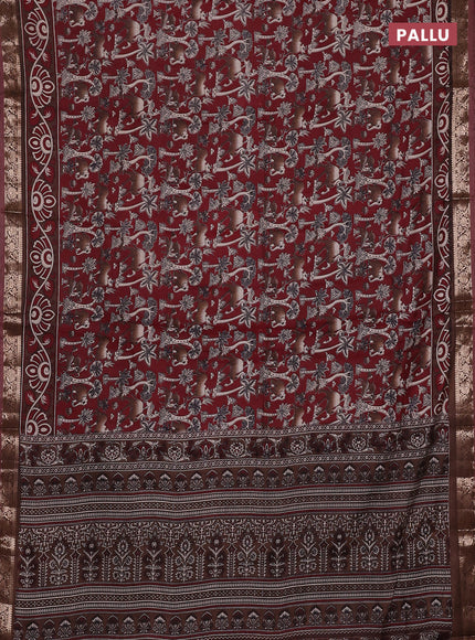 Semi maheswari cotton saree maroon and brown with allover kalamkari prints and zari woven border