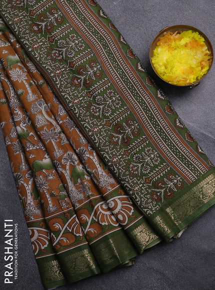 Semi maheswari cotton saree dark mustard and sap green with allover kalamkari prints and zari woven border