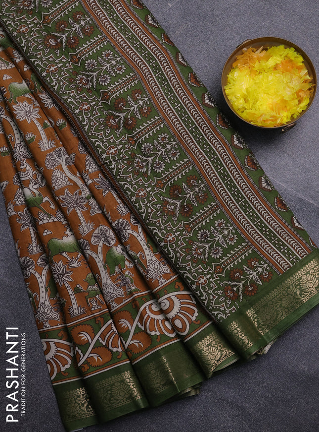 Semi maheswari cotton saree dark mustard and sap green with allover kalamkari prints and zari woven border