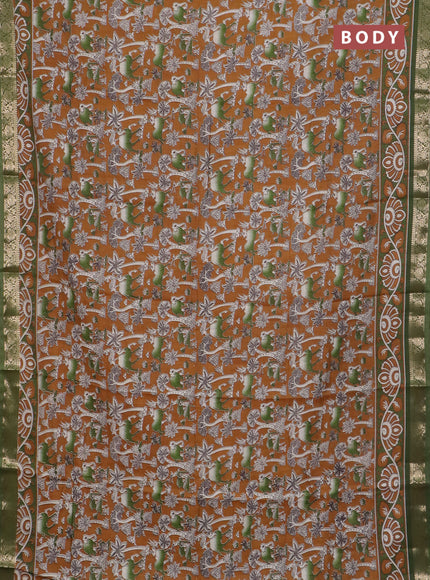 Semi maheswari cotton saree dark mustard and sap green with allover kalamkari prints and zari woven border