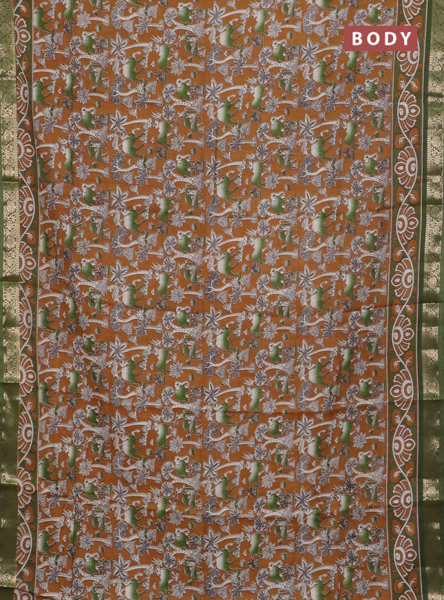 Semi maheswari cotton saree dark mustard and sap green with allover kalamkari prints and zari woven border