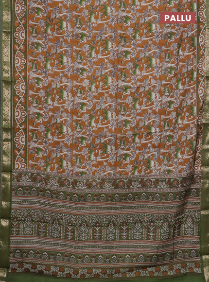 Semi maheswari cotton saree dark mustard and sap green with allover kalamkari prints and zari woven border