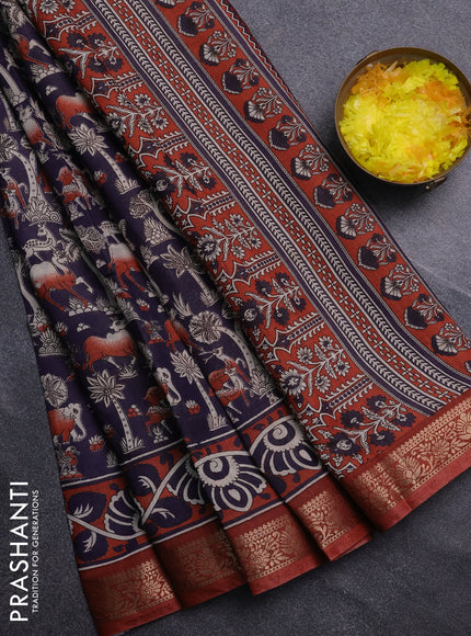 Semi maheswari cotton saree jamun shade and rust shade with allover kalamkari prints and zari woven border