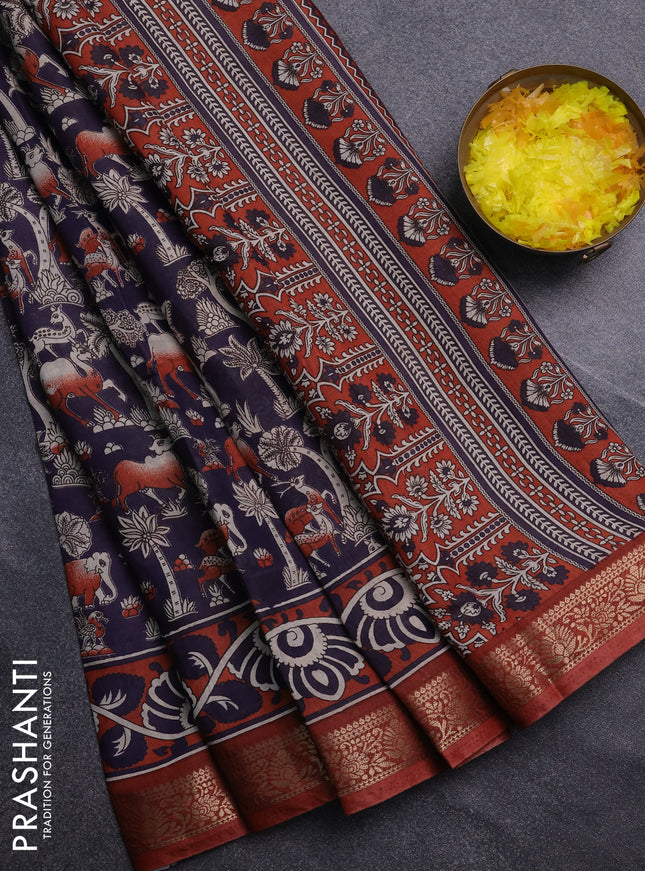 Semi maheswari cotton saree jamun shade and rust shade with allover kalamkari prints and zari woven border