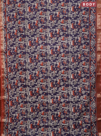 Semi maheswari cotton saree jamun shade and rust shade with allover kalamkari prints and zari woven border