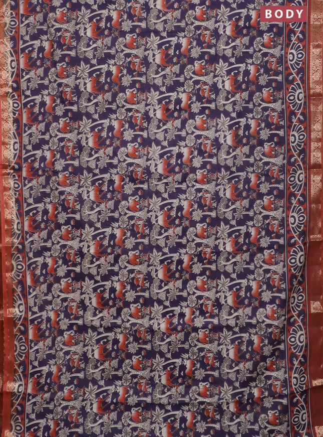 Semi maheswari cotton saree jamun shade and rust shade with allover kalamkari prints and zari woven border