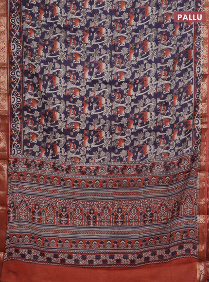 Semi maheswari cotton saree jamun shade and rust shade with allover kalamkari prints and zari woven border