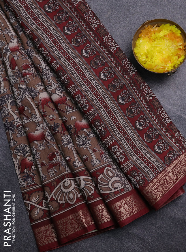 Semi maheswari cotton saree dark sandal and maroon with allover kalamkari prints and zari woven border