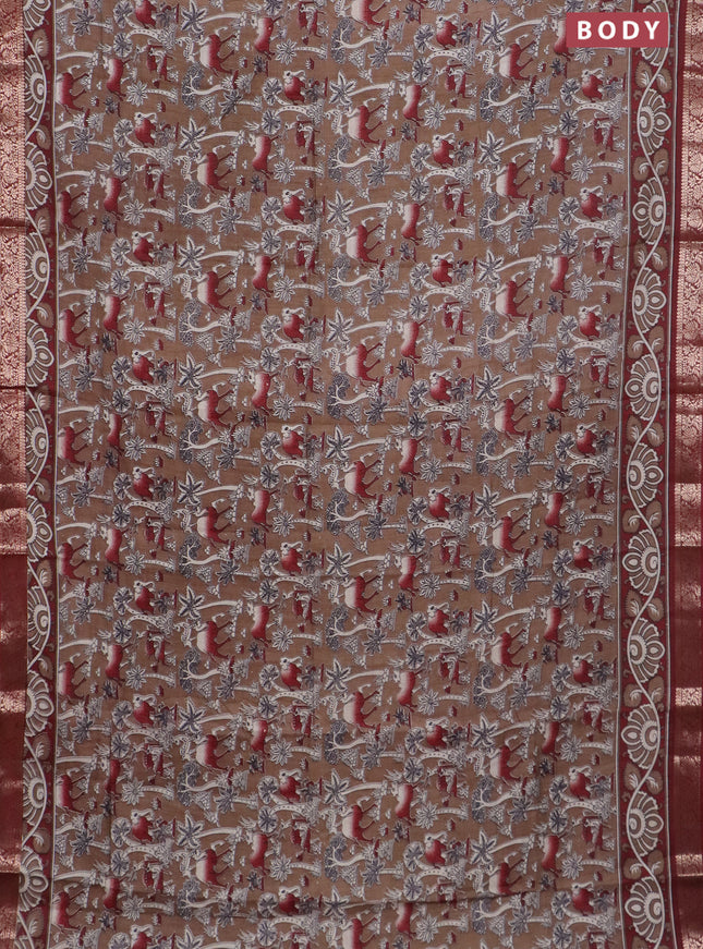 Semi maheswari cotton saree dark sandal and maroon with allover kalamkari prints and zari woven border