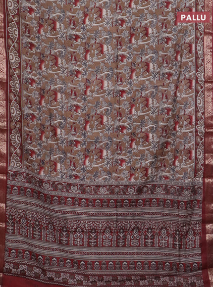 Semi maheswari cotton saree dark sandal and maroon with allover kalamkari prints and zari woven border