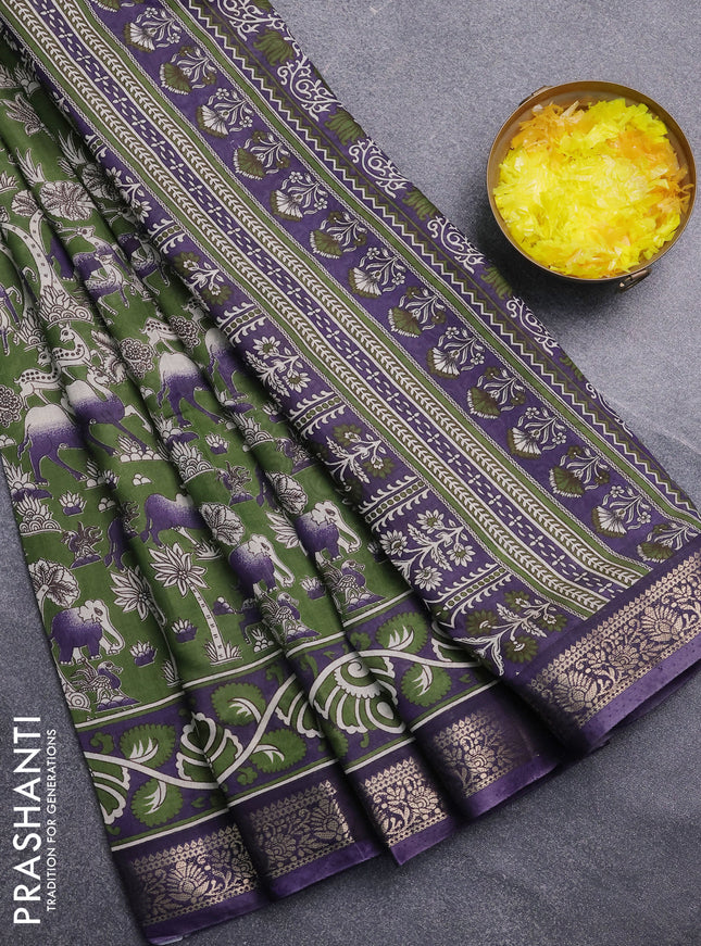 Semi maheswari cotton saree sap green and purple with allover kalamkari prints and zari woven border
